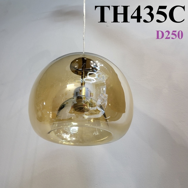 Đèn thả thủy tinh đơn TH435, thân mạ đồng chao thủy tinh hổ phách dáng C, KT(mm): D250